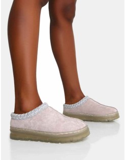 Nala Light Grey Faux Suede Embroidered Slipper Platform Boots