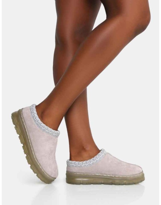Nala Light Grey Faux Suede Embroidered Slipper Platform Boots