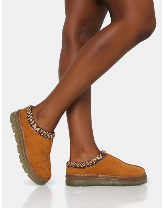 Nala Tan Faux Suede Embroidered Slipper Platform Boots