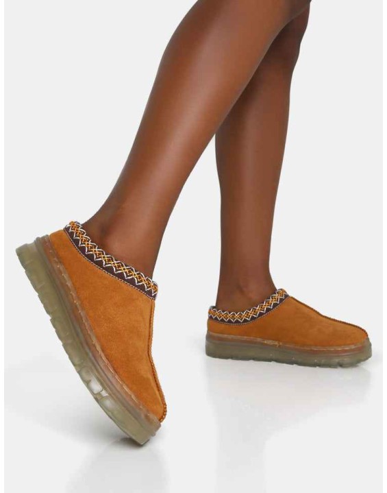Nala Tan Faux Suede Embroidered Slipper Platform Boots