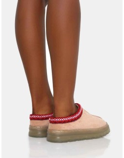 Nala Beige Faux Suede Embroidered Slipper Platform Boots