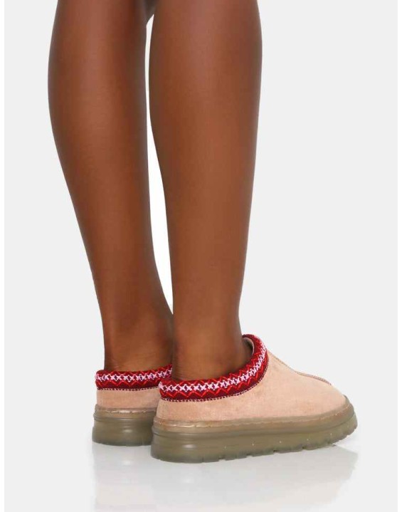 Nala Beige Faux Suede Embroidered Slipper Platform Boots