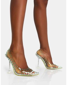 Fancy Lime Diamante Detail Court Clear Perspex Pointed Toe Stiletto Heels