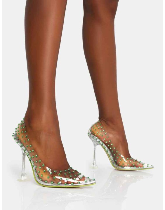 Fancy Lime Diamante Detail Court Clear Perspex Pointed Toe Stiletto Heels