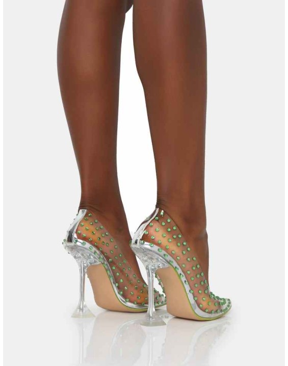 Fancy Lime Diamante Detail Court Clear Perspex Pointed Toe Stiletto Heels