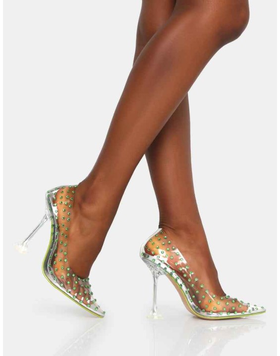 Fancy Lime Diamante Detail Court Clear Perspex Pointed Toe Stiletto Heels
