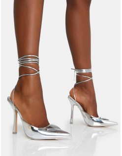 Vada Silver Mirror Slingback Lace Up Pointed Toe Stiletto Heels