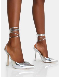 Vada Silver Mirror Slingback Lace Up Pointed Toe Stiletto Heels