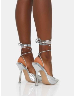 Vada Silver Mirror Slingback Lace Up Pointed Toe Stiletto Heels