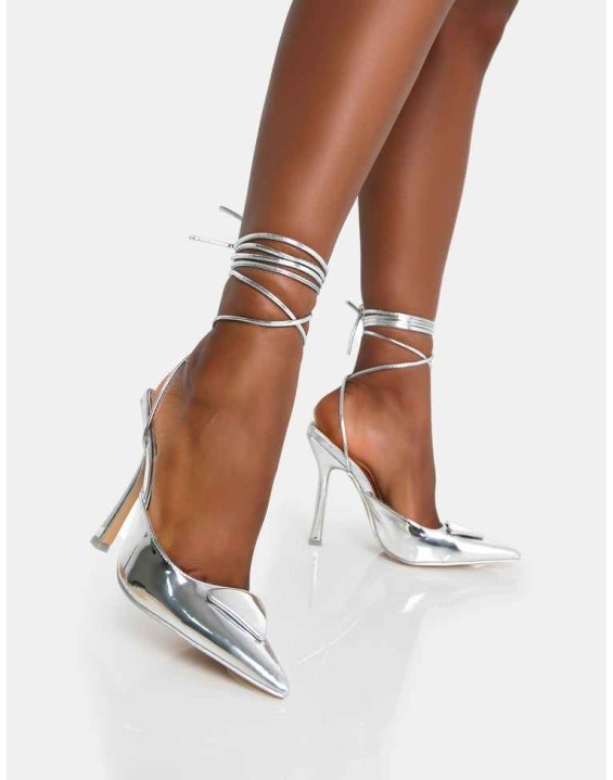 Vada Silver Mirror Slingback Lace Up Pointed Toe Stiletto Heels