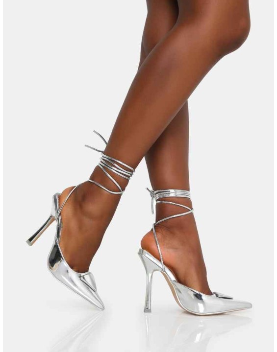 Vada Silver Mirror Slingback Lace Up Pointed Toe Stiletto Heels