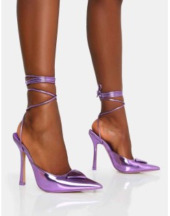 Vada Purple Mirror Slingback Lace Up Pointed Toe Stiletto Heels