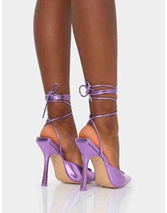 Vada Purple Mirror Slingback Lace Up Pointed Toe Stiletto Heels