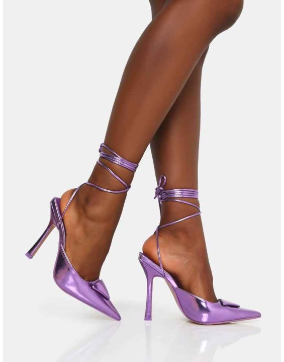 Vada Purple Mirror Slingback Lace Up Pointed Toe Stiletto Heels