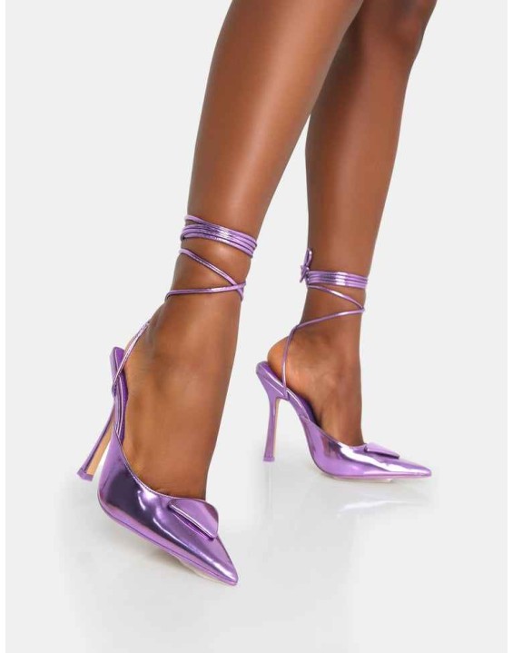 Vada Purple Mirror Slingback Lace Up Pointed Toe Stiletto Heels