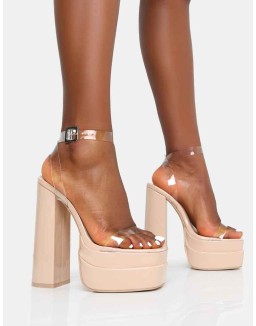 Calla Nude Patent Barely There Clear Perspex Square Toe Platform Block Heels