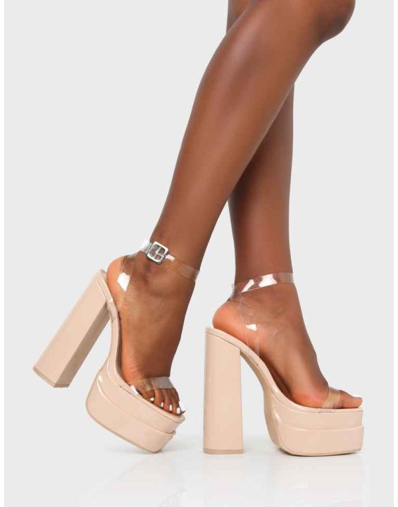 Calla Nude Patent Barely There Clear Perspex Square Toe Platform Block Heels