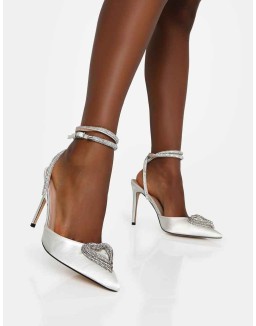 Cupid Off White Satin Diamante Heart Wrap Around Pointed Toe Stiletto Heels