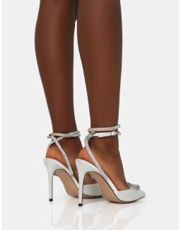 Cupid Off White Satin Diamante Heart Wrap Around Pointed Toe Stiletto Heels