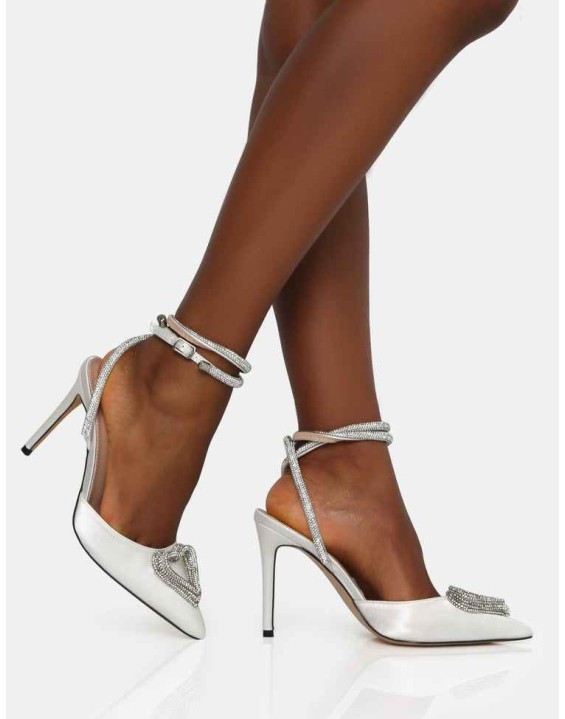 Cupid Off White Satin Diamante Heart Wrap Around Pointed Toe Stiletto Heels
