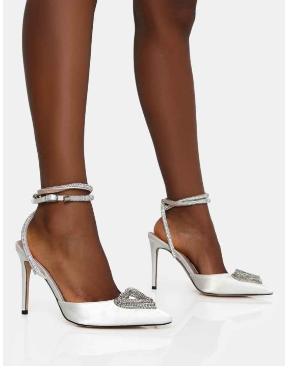 Cupid Off White Satin Diamante Heart Wrap Around Pointed Toe Stiletto Heels
