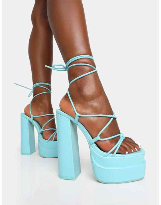 Glow Girl Baby Blue Pu Lace Up Platform High Heels