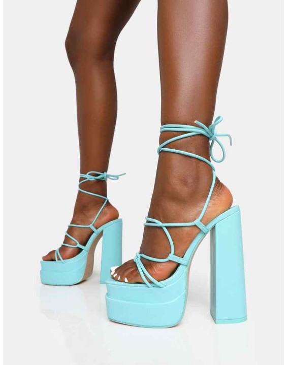 Glow Girl Baby Blue Pu Lace Up Platform High Heels