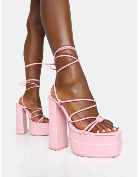 Glow Girl Wide Fit Baby Pink Pu Lace Up Platform High Heels