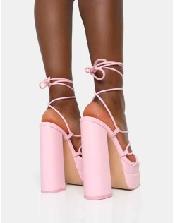 Glow Girl Wide Fit Baby Pink Pu Lace Up Platform High Heels