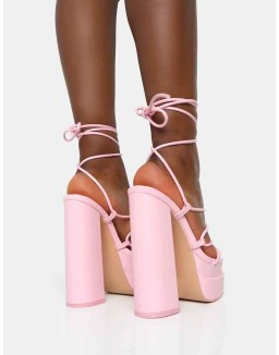 Glow Girl Wide Fit Baby Pink Pu Lace Up Platform High Heels