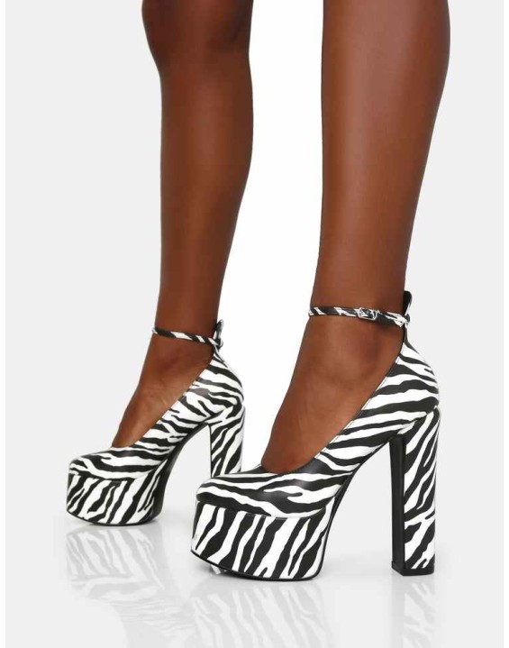 Donatella Zebra Print Ankle Strap Rounded Toe Platform Block Heels