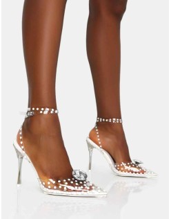 Asscher White Pearl Detail Diamante Broach Clear Perspex Wrap Around Pointed Toe Stiletto Heels