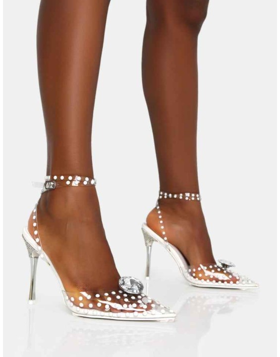 Asscher White Pearl Detail Diamante Broach Clear Perspex Wrap Around Pointed Toe Stiletto Heels