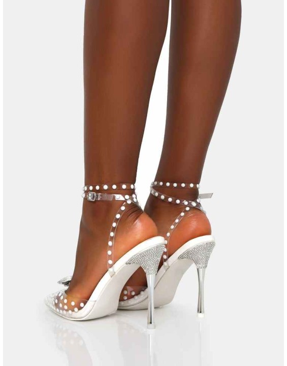 Asscher White Pearl Detail Diamante Broach Clear Perspex Wrap Around Pointed Toe Stiletto Heels