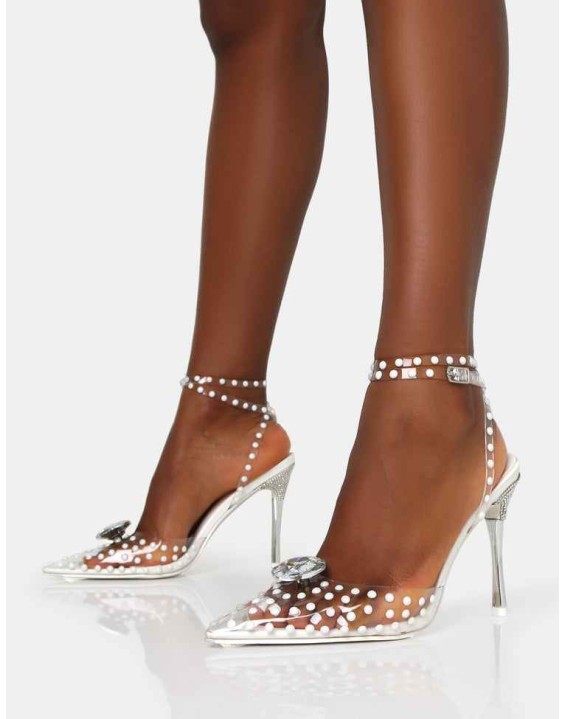 Asscher White Pearl Detail Diamante Broach Clear Perspex Wrap Around Pointed Toe Stiletto Heels