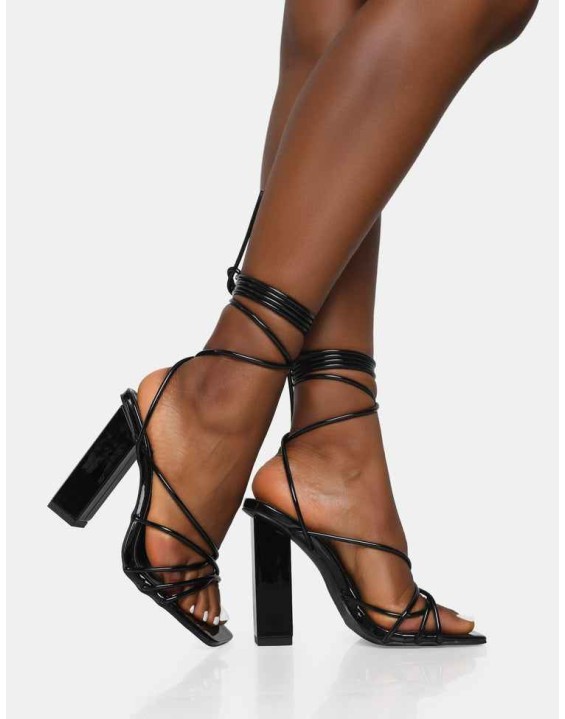 Nyla Black Patent Strappy Lace Up Square Toe Block Heels