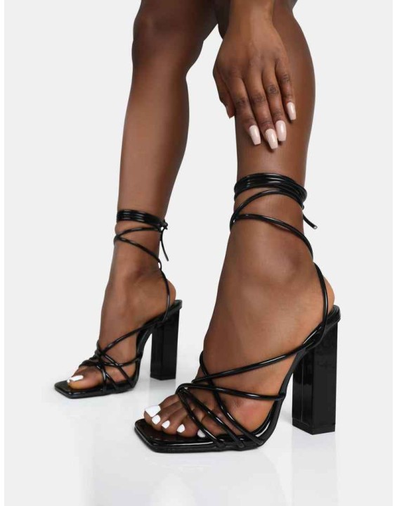 Nyla Black Patent Strappy Lace Up Square Toe Block Heels