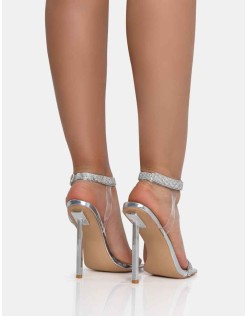 Afterglow Silver PU Barely There Diamante Strap Square Toe Stiletto Heels