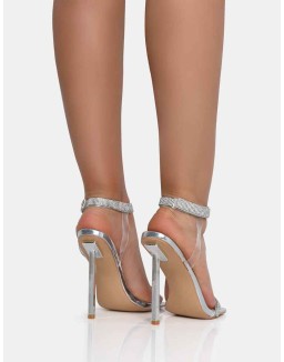 Afterglow Silver PU Barely There Diamante Strap Square Toe Stiletto Heels