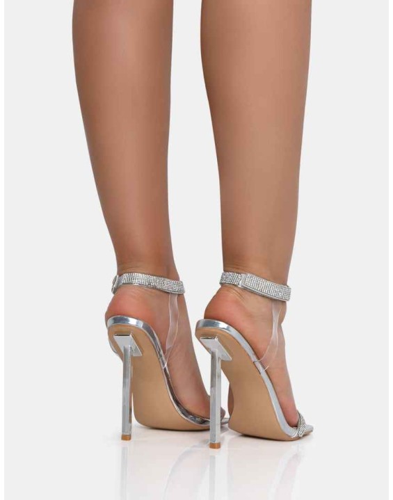 Afterglow Silver PU Barely There Diamante Strap Square Toe Stiletto Heels