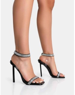 Afterglow Black Patent Barely There Diamante Strap Square Toe Stiletto Heels