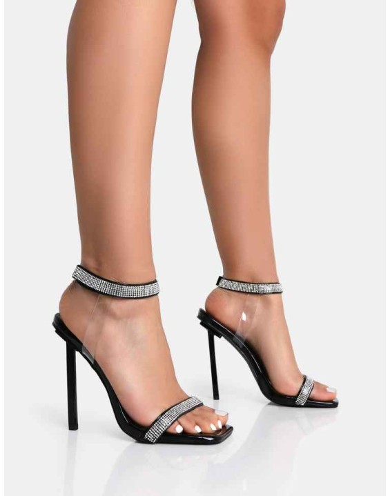 Afterglow Black Patent Barely There Diamante Strap Square Toe Stiletto Heels
