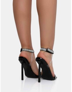 Afterglow Black Patent Barely There Diamante Strap Square Toe Stiletto Heels