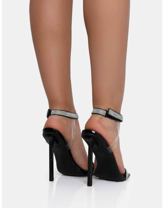Afterglow Black Patent Barely There Diamante Strap Square Toe Stiletto Heels