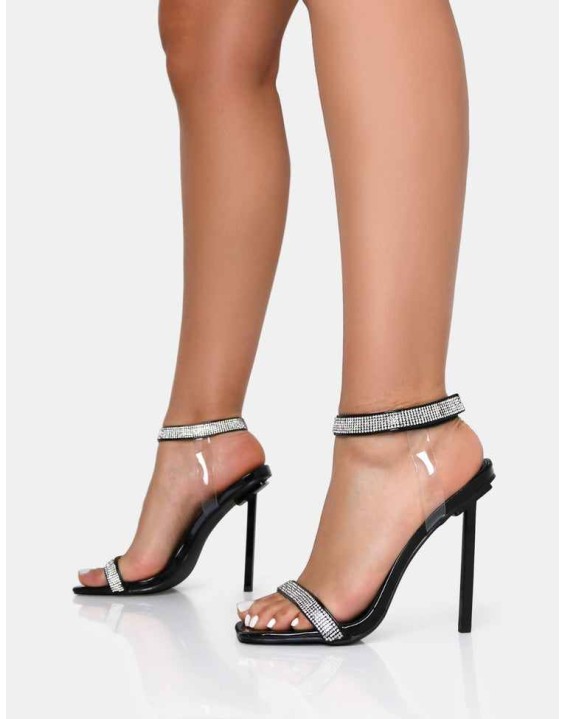 Afterglow Black Patent Barely There Diamante Strap Square Toe Stiletto Heels