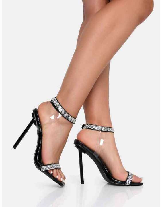 Afterglow Black Patent Barely There Diamante Strap Square Toe Stiletto Heels