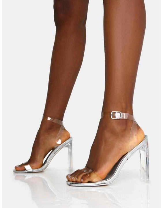 Inka Silver Mirror Perspex Round Toe Flat Block Heels
