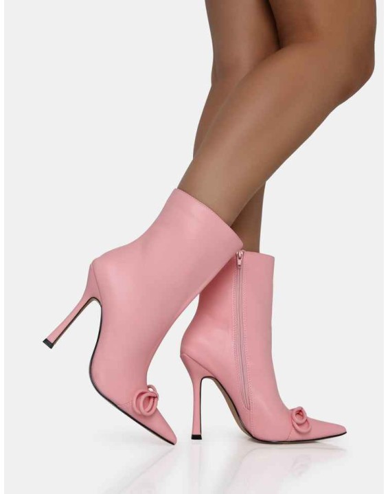 Rhia Pink Pu Bow Pointed Toe Stiletto Ankle Boots