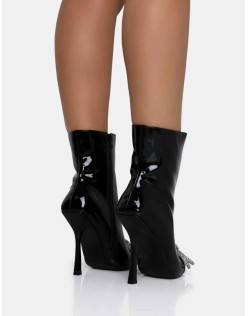 Orla Black Patent Diamante Bow Pointed Toe Stiletto Ankle Boots