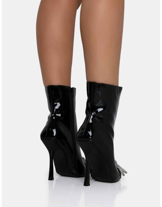 Orla Black Patent Diamante Bow Pointed Toe Stiletto Ankle Boots